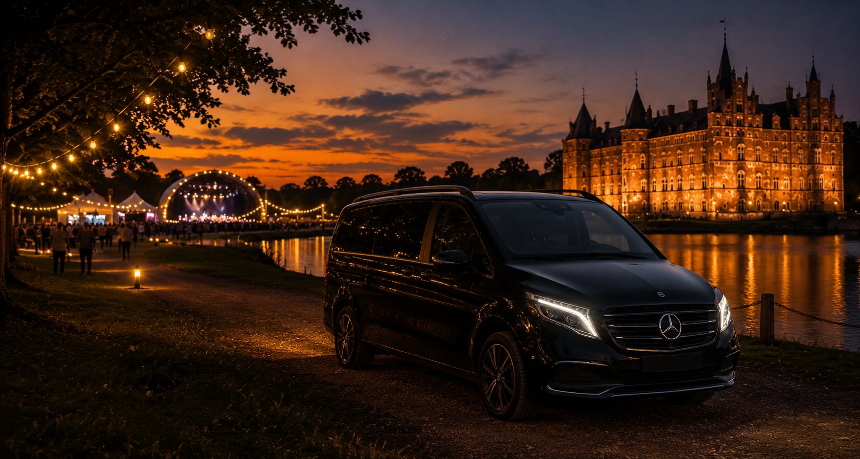 Private chauffeur with electric Mercedes-Benz EQV for Heartland Festival transfers at Egeskov