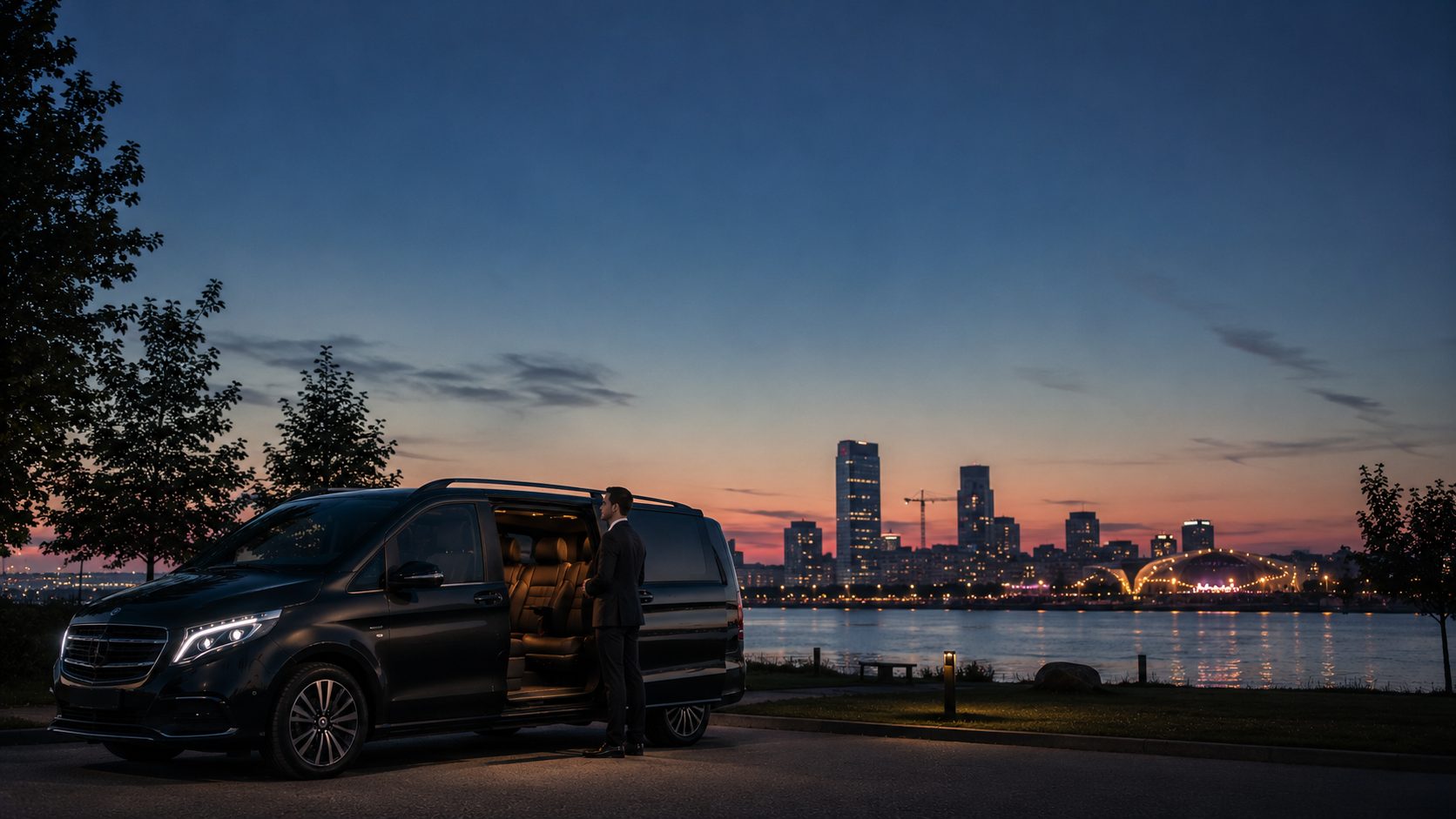 Private chauffeur with electric Mercedes-Benz EQV for NorthSide Festival transfers in Aarhus