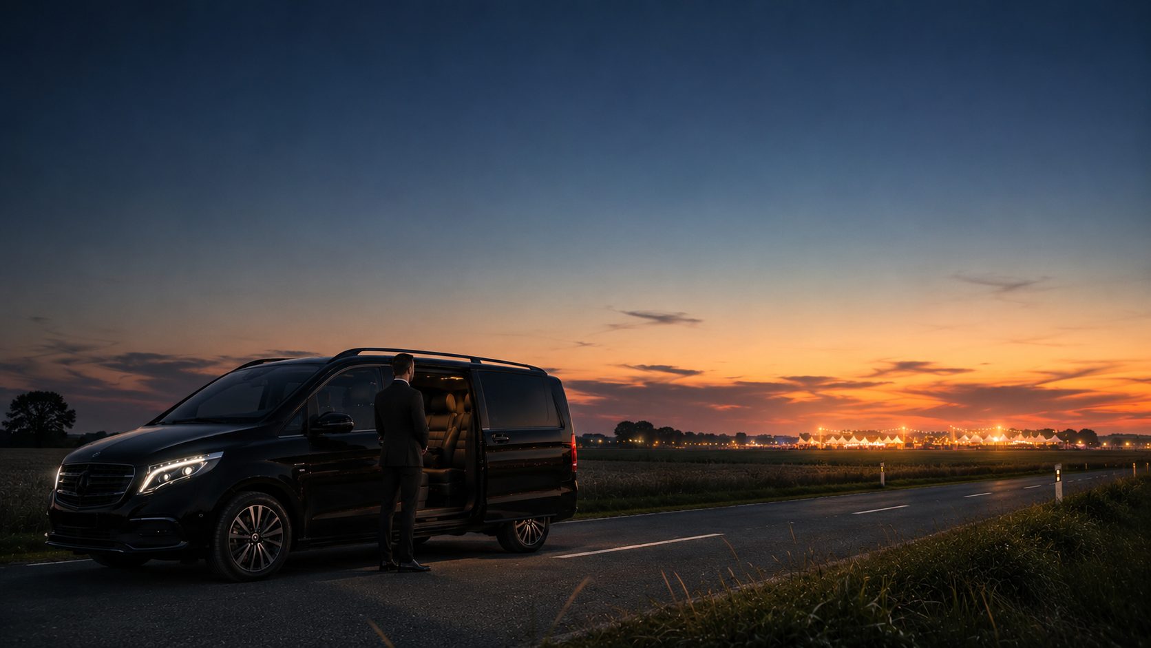Private chauffeur with electric Mercedes-Benz EQV for Roskilde Festival transfers