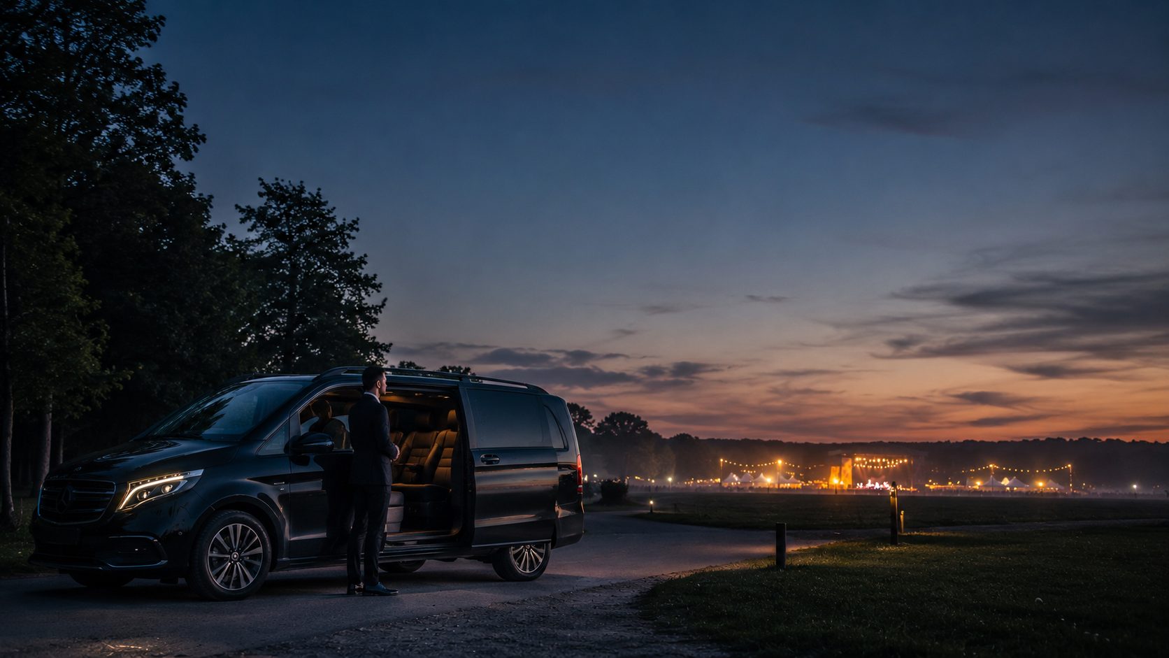 Private chauffeur with electric Mercedes-Benz EQV for Tinderbox Festival transfers in Odense